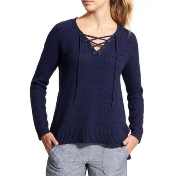 Athleta Sweaters - Athleta Blue Sunset Lace Up Slouchy Fit Sweater Cotton Blend Size Medium